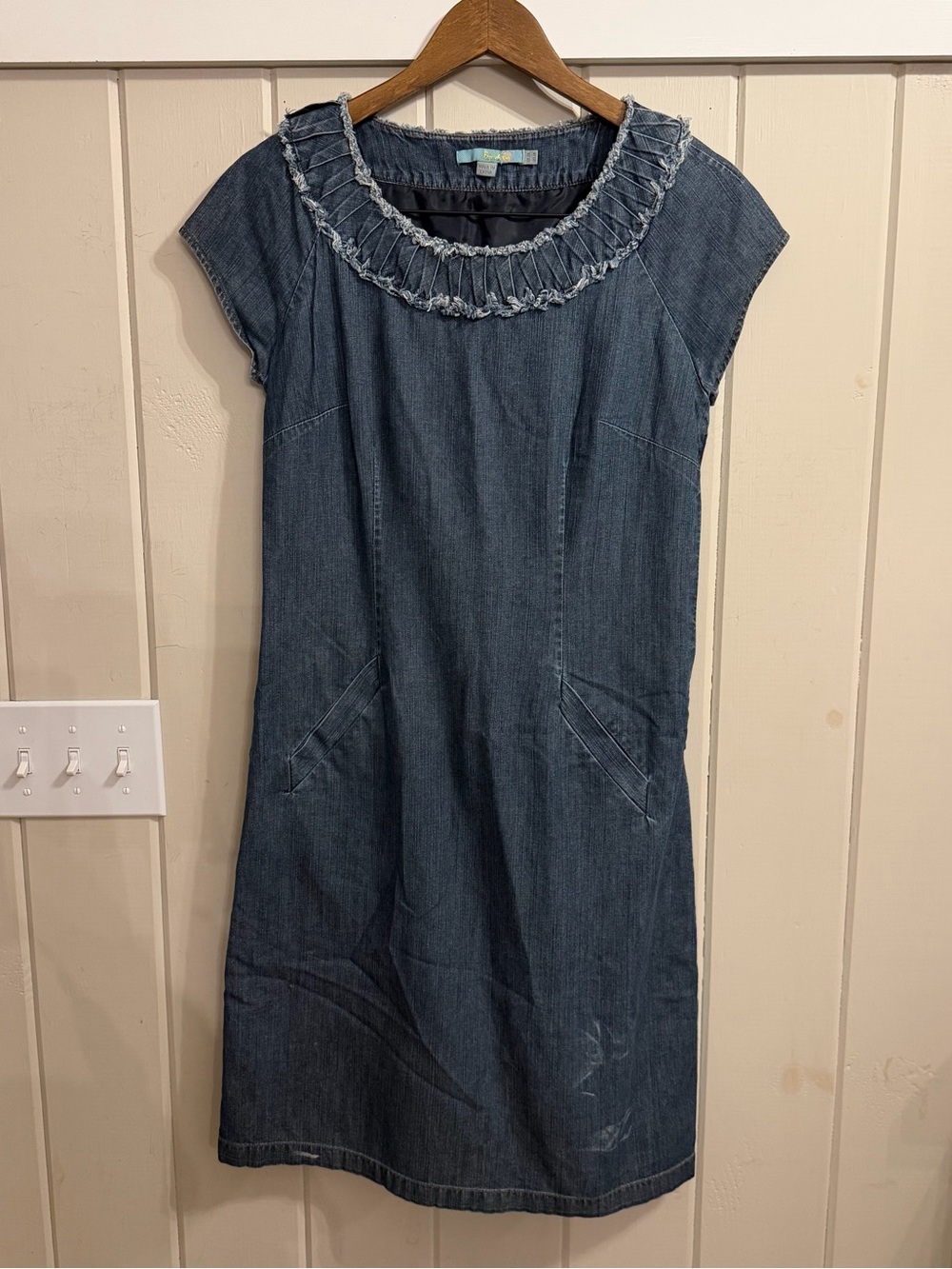 Boden Denim Mini Dress in Dark Blue with Ruffle Collar, Size 4
